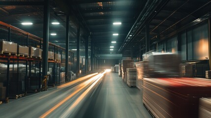 Poster - Warehouse Interior with Light Trails and Pallets of Goods