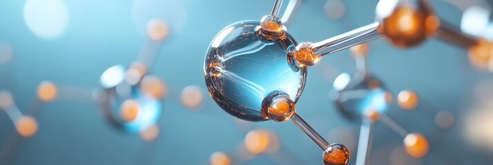 Canvas Print - A close-up of a molecular structure with a glowing blue sphere at the center, representing the interconnectedness of atoms and the beauty of science. The structure is composed of silver rods and orang