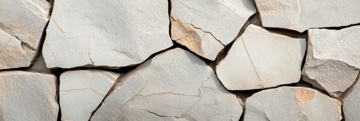 Poster - A close-up of a white stone wall with an irregular pattern of stone pieces, providing a textured background for design projects. The stone's rough surface and cracks symbolize the passage of time, res