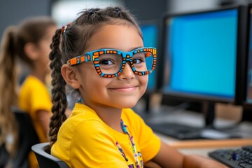American Indian Language, Cultural Revival, and Education shown in a modern classroom where children learn their native language using digital tools
