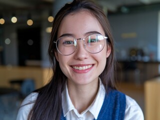 Smiling woman glasses. Young Asian woman with glasses smiling.