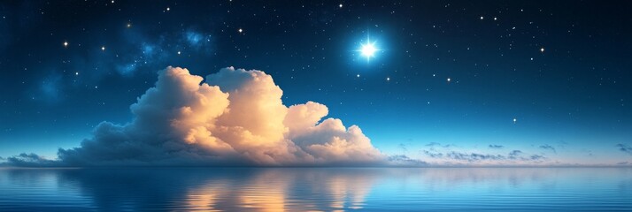 Sticker - A serene night sky with fluffy clouds illuminated by twinkling stars, reflecting in the calm waters below.  This image evokes feelings of peace, tranquility, and wonder.