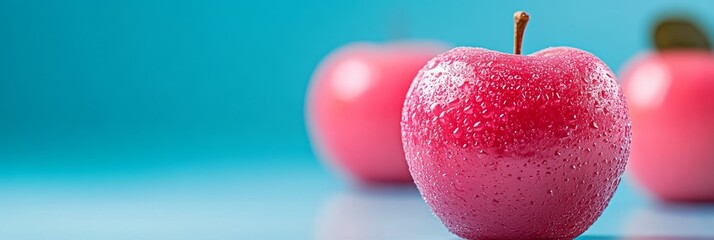 Sticker - A single pink apple with water droplets on its surface, positioned in the foreground, is in focus. The background features two out-of-focus pink apples against a bright blue backdrop. The image repres