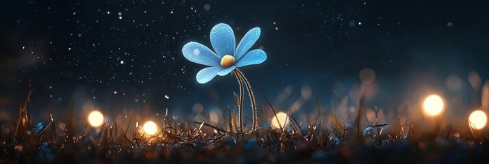 A solitary blue flower blooms in a field illuminated by a starry sky. The flower represents hope, resilience, and the beauty of nature in the face of darkness. The twinkling stars symbolize dreams, ma