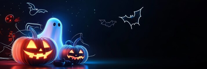 Poster - A vibrant, neon-glowing scene featuring three Halloween pumpkins and a ghost. The pumpkins are carved with spooky faces and illuminated with a warm orange glow. A ghostly figure with glowing blue eyes