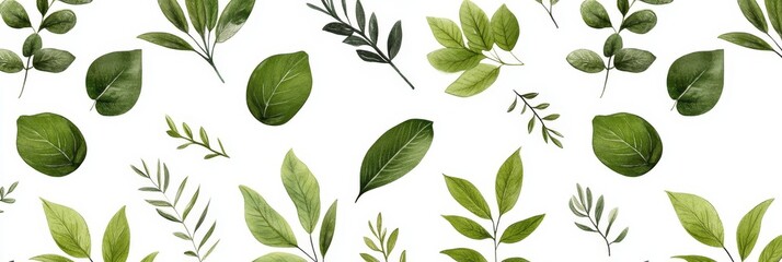 Sticker - A watercolor illustration of a  pattern featuring green leaves on a white background. This pattern symbolizes nature, growth, freshness, and new beginnings.