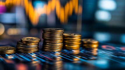 Gold Coins Stacked on a Blue and Orange Abstract Background