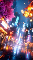 Poster - Neon City Street with Cherry Blossoms.