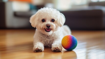 Canvas Print - White Dog with Rainbow Ball on Wooden Floor