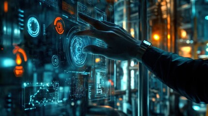 Poster - Hand Interacting with Holographic Interface in Futuristic Setting