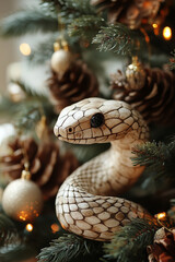 Wall Mural - illustration with a wood snake on christmas tree