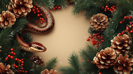 Wall Mural - christmas composition with snake and pine branches on color background