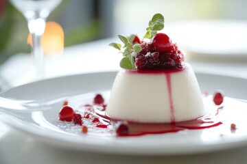 Canvas Print - Delicious Panna Cotta with Berries and a Red Sauce