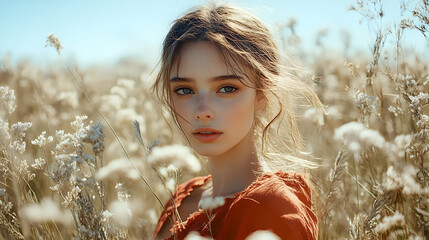 Canvas Print - A young woman with freckles and brown hair looks directly at the camera while standing in a field of tall grass.