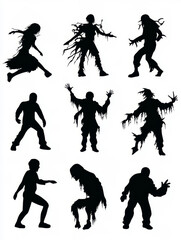 Canvas Print - A collection of 9 eerie silhouettes representing various Halloween creatures. They evoke a sense of mystery, fear, and the supernatural. The black figures against a white background create a stark and