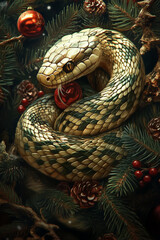 Wall Mural - illustration with a wood snake on christmas tree