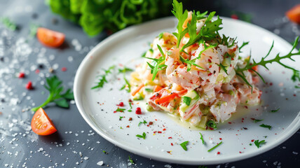 Classic crab salad and vegetables in a white plate