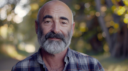 A man with a gray beard smiles warmly, dressed in plaid, with soft sunlight filtering through trees in the background