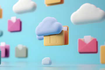 Wall Mural - A colorful cloud file system icon floating in the air, surrounded by clouds and paper windows.