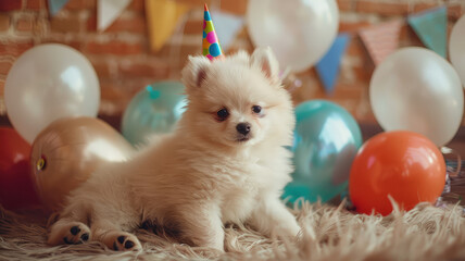 Cute fluffy puppy dog with party hat , birthday balloons . Puppy dogs party.