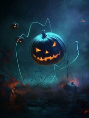 Poster - A glowing jack-o'-lantern floats in a mystical forest, surrounded by wispy, neon-blue energy.  The scene evokes a sense of wonder, mystery, and the supernatural, symbolizing the magic and excitement o