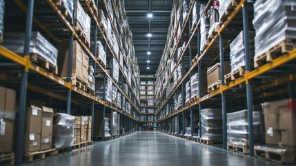 Wall Mural - Aisle in a Large Warehouse with Pallets of Goods