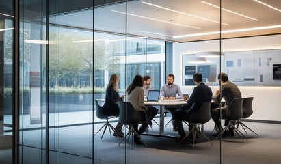 Poster - Modern office environments feature diverse colleagues collaborating in meetings, sharing ideas, and enhancing innovation and productivity through readily available advanced technology solutions