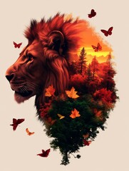 Wall Mural - A powerful lion's profile is juxtaposed with a vibrant sunset over a lush forest, symbolizing the strength of nature, the beauty of the wild, and the harmony between man and animal.