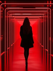 Poster - A silhouette of a woman in a red coat walking down a neon lit corridor, symbolizing mystery, exploration, future, technology, and unknown.