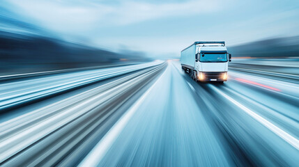 Cargo Truck Speeding Down Highway with Blurred Motion Effect