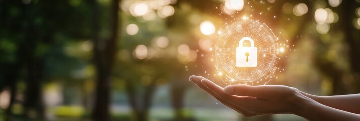 Aufkleber - Glowing digital lock icon held in hands in a sunlit park, symbolizing online security and data protection