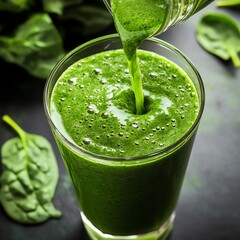 Spinach smoothie being poured into a glass, brain-boosting drink, vibrant green health beverage.