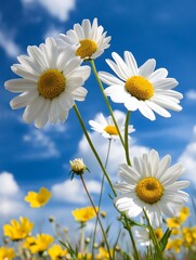 Sticker - Four white daisies bloom against a backdrop of bright blue sky and fluffy clouds, with a field of yellow wildflowers in the foreground, symbolizing purity, innocence, new beginnings, joy, and spring.