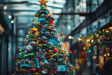 a colorful christmas tree made of trash stands in a festive market. this vibrant display highlights 