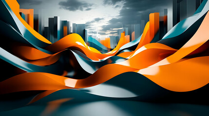 Wall Mural - Abstract 3D rendering of orange and blue wave shapes with city skyline in background.