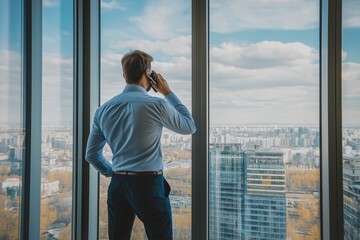 Wall Mural - This is a description of a Professional Businessman situated in a HighRise Office that provides a stunning view of the City Skyline, blending ambition, architecture, and modern business dynamics