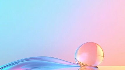 Wall Mural - A minimalist abstract background featuring a smooth, soft gradient in blue and pink hues, with a transparent glass sphere resting on a subtle wave. This image symbolizes simplicity, purity, and the in