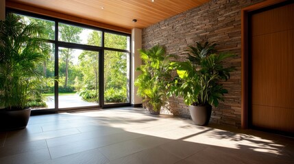 Canvas Print - A modern home entrance with a stone wall, wooden door, and large windows that open to a lush green garden. The natural light coming through the windows creates a bright and welcoming space.