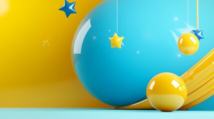 Sticker - A playful and vibrant abstract 3D illustration featuring a blue sphere, yellow sphere, and stars. The blue sphere is partially hidden behind a yellow curved shape, creating a dynamic and interesting c