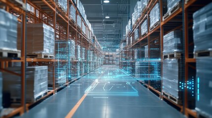 Poster - Warehouse Aisle with Futuristic Digital Interface Overlay