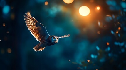 Wall Mural - A powerful owl soars through the night sky, its wings spread wide as it glides effortlessly.  The moon shines brightly in the background, casting a soft glow on the owl's feathers. This image represen