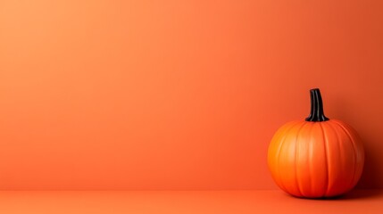 Wall Mural - A single orange pumpkin rests on a solid orange background, symbolizing the fall season, Halloween festivities, harvest time, and simple beauty.