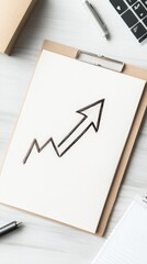 Poster - Clipboard with a sketched upward arrow symbolizing business success. Minimalist office desk with keyboard and pen.