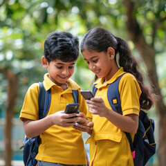 indian school children using smartphone