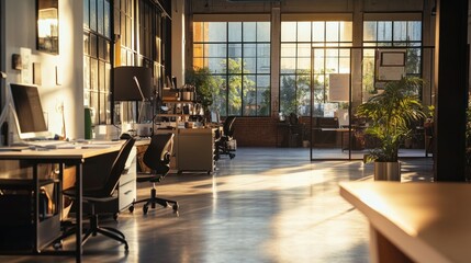 Poster - Sunlit Office Interior with Large Windows and Plant