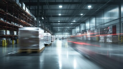 Poster - A Forklift Moving Pallets in a Warehouse with Motion Blur