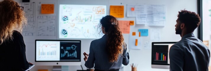 Business team reviewing data on screens during a strategy session in a modern office. Collaborative corporate analysis and planning.