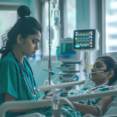 young indian female doctor examining and older patient