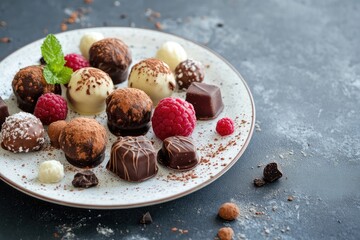 Assorted Chocolate Truffles and Raspberries on a Plate