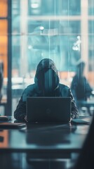 Poster - Silhouette of a hacker in a hooded jacket typing on a laptop with a transparent digital overlay, representing cyber security threats.